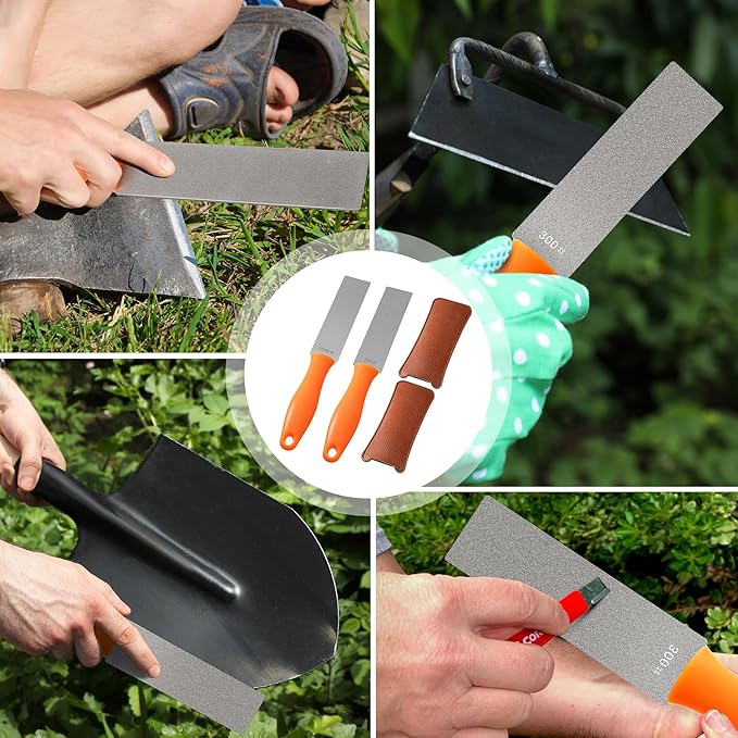 Feekoon 2 Pcs Dual Grit Diamond Sharpening Stone File Coarse 300# /Extra Fine 1000# Grit with Leather Sleeve Garden Tool Blade Sharpener for Knife, Axe, Lawn Mower Blade, Shears, Chisel Spade (Orange)