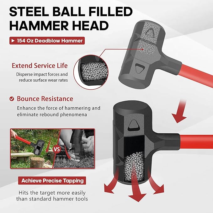 YIYITOOLS 9LB Dead Blow Hammer, 33” Long, One-Piece Forged Carbon Steel, Steel Ball-Filled Head, Ergonomic Anti-Vibration Rubber Grip, Spark and Rebound Resistant, 9-Pound Head, 154oz
