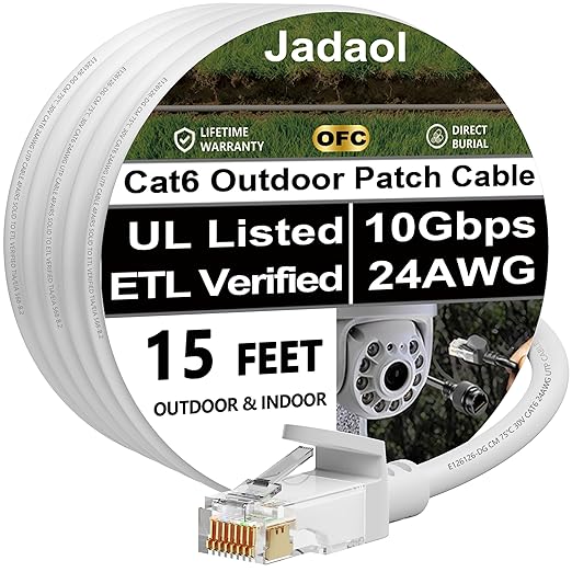 Jadaol Cat 6 Ethernet Cable 15ft, Outdoor&Indoor, 10Gbps Support Cat8/7 Network, 24AWG Pure Copper Patch LAN Cord, Direct Burial Waterproof In-Ground UV Resistant for Router, Modem, Switch, POE, White