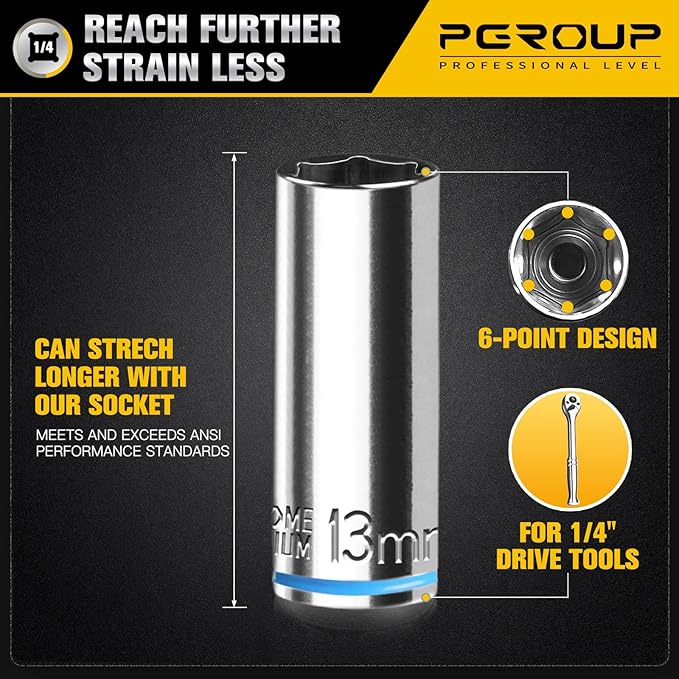 10PCS 1/4??Drive Deep Socket Set, Metric (5mm-14mm), 6-Point, Cr-V Steel, Chrome Plated Socket With Hanging Bracket, Cover Most Commonly Sizes