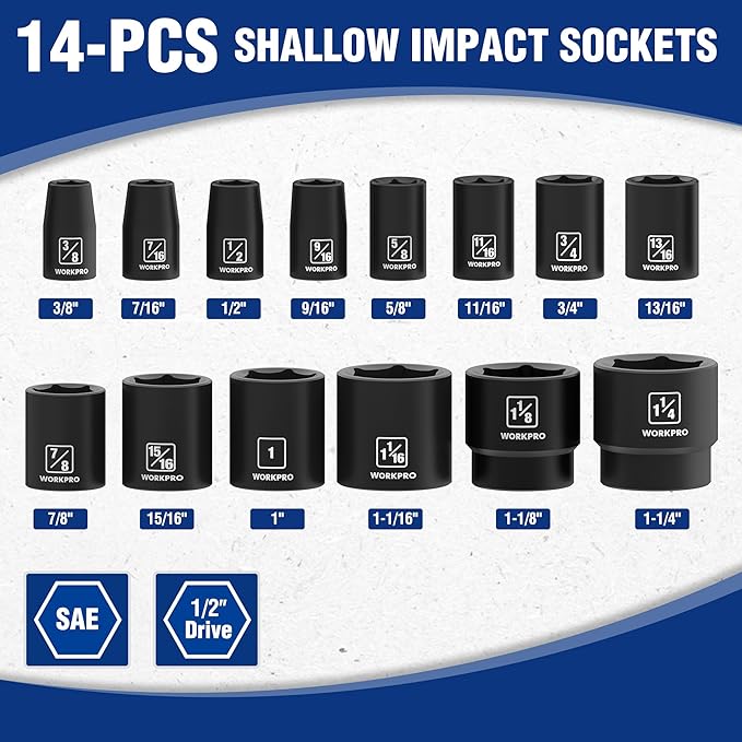 WORKPRO 1/2??Drive Shallow Impact Socket Set, SAE Cr-V Steel 6-Point Socket Set with Storage Case for Automotive Maintenance and Repairs (14PCS 3/8??1-1/4")