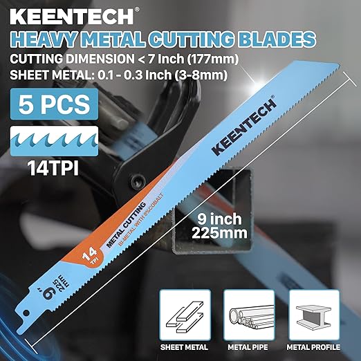 KEENTECH 9 Inch Bi-Metal Reciprocating Saw Blade 5-Pack for Clean Metal Cutting, 14 TPI, Fits Milwaukee Sawzall and Other Reciprocating Saws