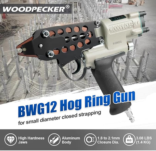 WOODPECKER BWG12 Pneumatic Hog Ring Plier 1.8 mm to 2.1 mm Closure Diameter Hog Ring Gun for Strapping, Fencing, Cages