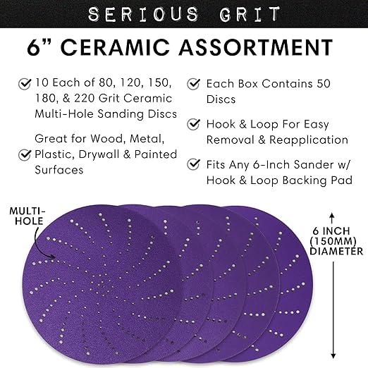 Serious Grit 6-Inch Assorted Grit Ceramic Multi-Hole Hook & Loop Sanding Discs - Advanced Grain for Fast Cutting & Long Life - Film-Backed Universal Fit Sandpaper for 6-in Sanders - 50 Pack Box