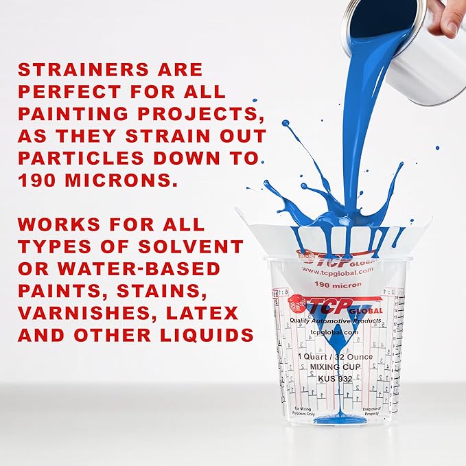 TCP Global - 190 Micron Filter Tips Ultra-Fine Paint Strainer (50 Pack) - Pure Blue Nylon Mesh Cone Strainer - Paint Filter Cones for Auto, House & Hobby