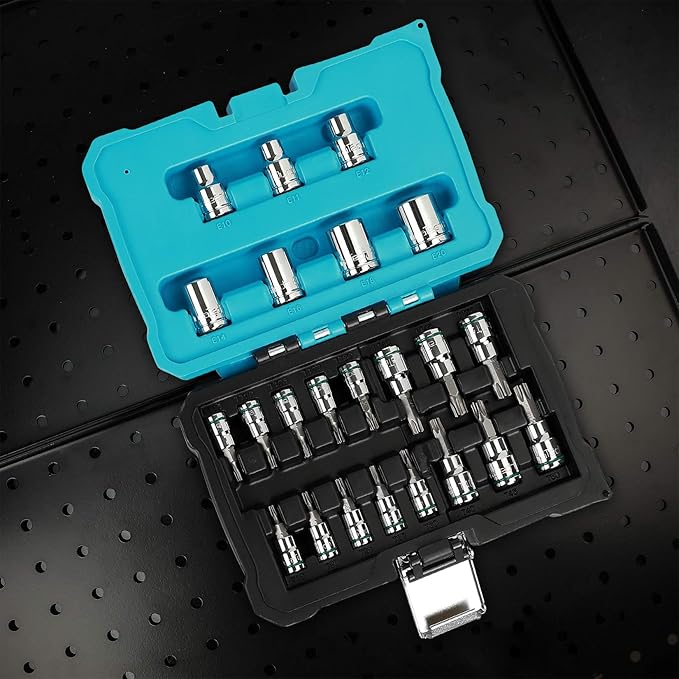 DURATECH 23-Piece Bit Socket and External Torx Socket Set, 8 Star, 7 Female E-Torx, 8 Tamper Proof Sockets with Storage Box, Premium S2 and CR-V Steel Made