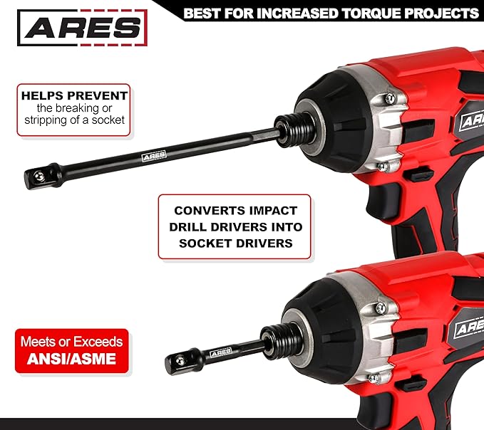 ARES 70382-6-Piece 3-Inch and 6-Inch Impact Grade Socket Adapter Set - Turns Impact Drill Driver into High Speed Socket Driver - 1/4-Inch, 3/8-Inch, and 1/2-Inch Drive Sizes