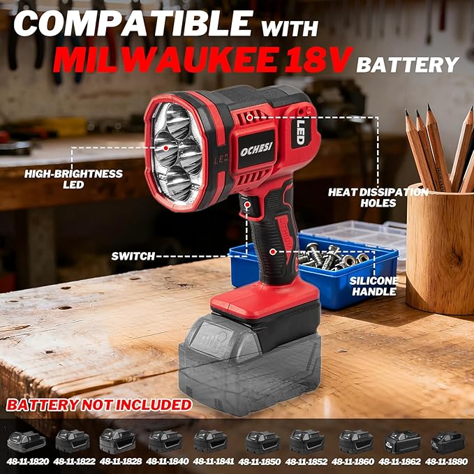 Cordless LED work light compatible with Milwaukee 18V Battery, 1500LM Handheld Spotlight with 550 Yard Distance, Flashing mode and Pivoting Head for Workshop, Camping, Jobsites (Battery Not Included)