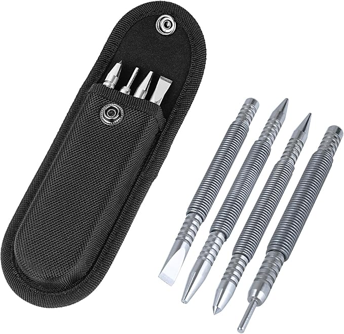 BESTNULE 4-Piece Nail Setter Dual Head Nail Set & Dual Head Center Punch & Hammerless Cold Chisel & Hinge Pin Remover Punch Set, Nail Setter Features 1/8-in, 3/32-in, 3/16-in, 1/16-in, 5/16-in, 1/8-in