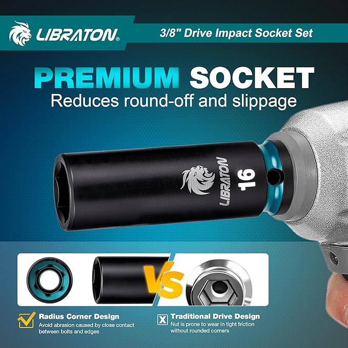 LIBRATON 3/8 Socket Set 90PCS, SAE(5/16-3/4") & Metric(7-19MM) Impact Socket Set, Cr-V Impact Driver Socket, Deep&Shallow, Extension Bars, Ratchet Handle, Screwdriver Bits, Spark Plug Sockets, Adapter