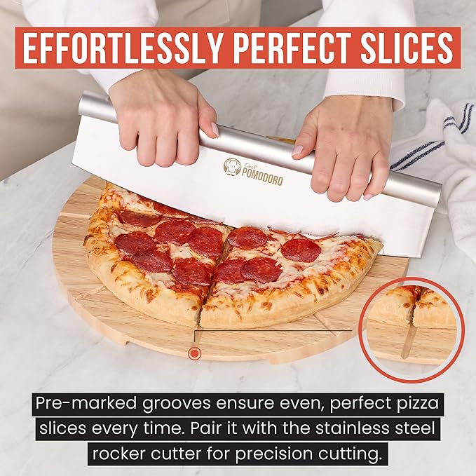 Chef Pomodoro 14" Pizza Cutter Rocker Blade and Pizza Cutting Board Set ??Premium Stainless Steel Pizza Slicer with Wooden Pizza Serving Board ??Pizza Wooden Board with Pizza Cutting Guide