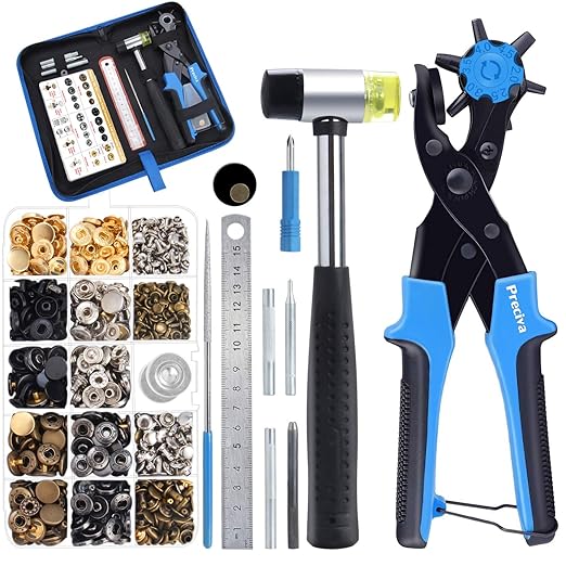 Preciva Hole Punch Plier, Revolving Punch Tool Kit with Pliers, Ruler, Grinding Rod, Plastic Hammer, 340pcs Snap Fasteners & Rivets