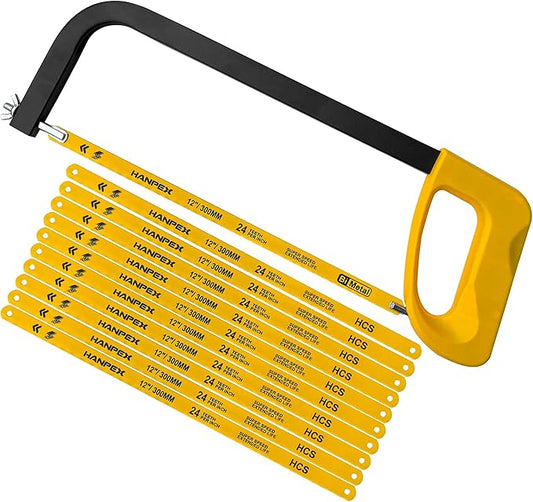 12in. High-Tension Hacksaw Frame with 10pcs 24TPI Extra High Carbon Steel Blades, Hand Saw Suitable for Metal, wood, PVC, Carpentry