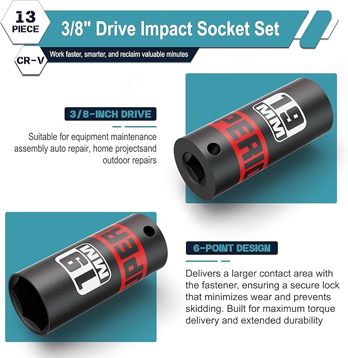 13 Piece 3/8" Drive Impact Socket Set, 7 mm-19 mm Deep Socket, Metric, 6 Point, Automotive Motorcycle and Bicycle Maintenance, Machinery Manufacturing