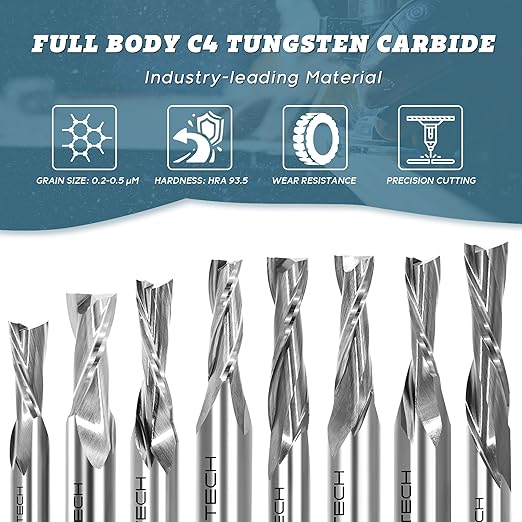 KEENTECH 1/2" Shank Upcut 2 Flute Flat Tip Sprial Router Bit for CNC Router Machine, 3/8" Cutting Diameter, 1-1/4" Cutting Depth, for Wood Cutting, Custom Furniture, Slot Mortise, Engraving, Carving