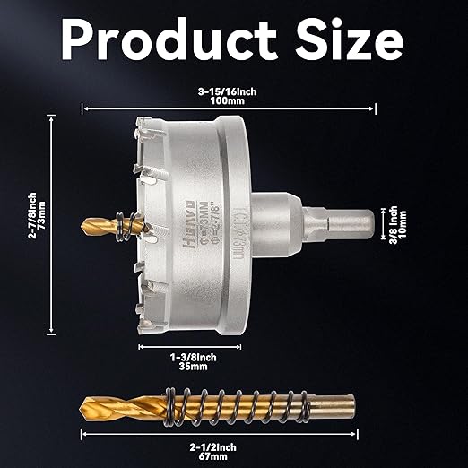 Hole Saw 2-7/8" (73mm) Heavy Duty Carbide with 2 Pilot Drill Bits - Metal Hole Cutter Cuts Stainless Steel, Iron, Copper, Brass, Plastic