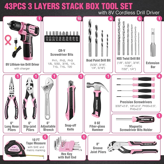 WORKPRO Pink Tool Set with Drill, 43PCS Power Drill Set with Toolbox, 8V Lithium-ion Cordless Drill and Bits, 2.0 Ah Portable Electric Screwdriver Home Tool Set with Stackable Box- Pink Ribbon