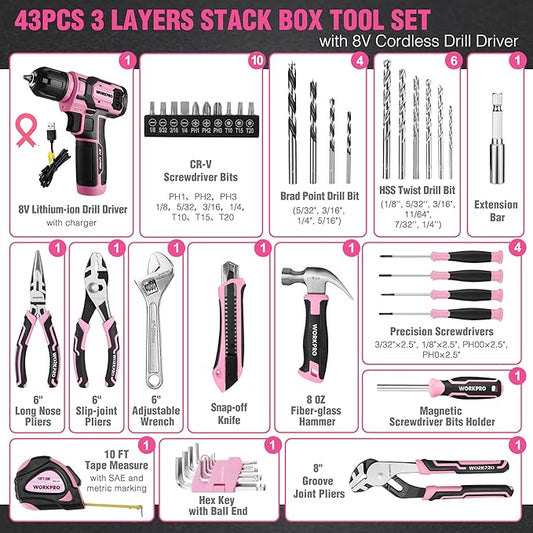 WORKPRO Pink Tool Set with Drill, 43PCS Power Drill Set with Toolbox, 8V Lithium-ion Cordless Drill and Bits, 2.0 Ah Portable Electric Screwdriver Home Tool Set with Stackable Box- Pink Ribbon