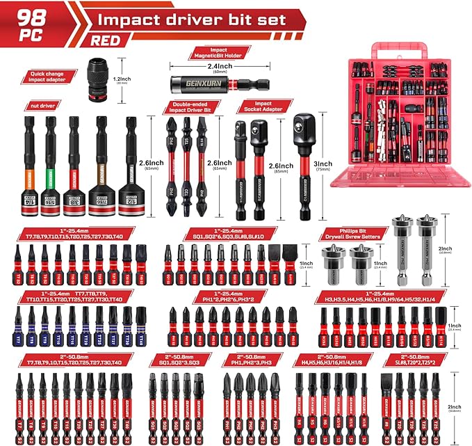 98Pieces 1??2??Impact Screwdriver Bits Set, Magnetic S2 Steel (Phillips/Slotted/Square/Torx/Hex/Security Torx) Driver Bits Tips,Impact Bit Holder and Nut Driver with Red Storage Box Case