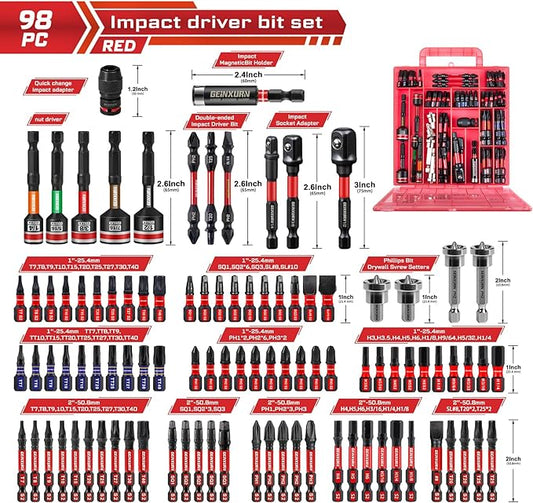 98Pieces 1??2??Impact Screwdriver Bits Set, Magnetic S2 Steel (Phillips/Slotted/Square/Torx/Hex/Security Torx) Driver Bits Tips,Impact Bit Holder and Nut Driver with Red Storage Box Case
