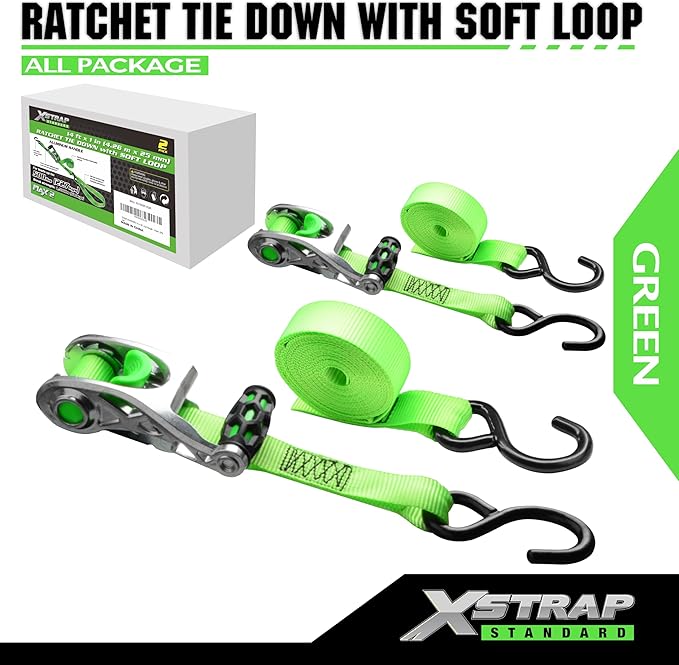 XSTRAP STANDARD 1in x 14ft Ratchet Straps with Ergonomic Aluminium Alloy Handle and Coated S-Hooks - 500 lb. Working Load Limit / 1,500 lb. Breaking Strength - Green, 2PK