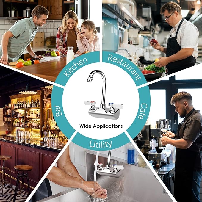Leak-Free Commercial Hand Sink Faucet, 4 Inch Center Wall Mount Kitchen Sink Faucet for Bar Restaurant, Brass Constructed & Chrome Polished, with 3-1/2" Gooseneck Spout & Dual Lever Handles