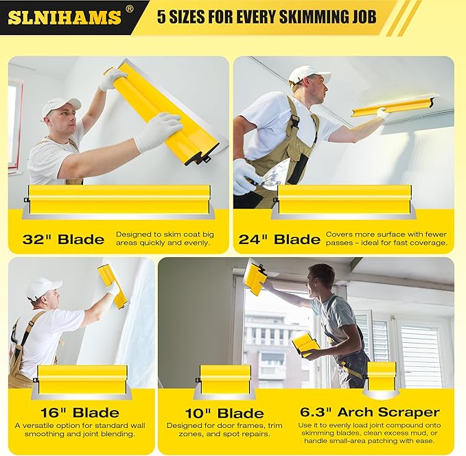SLNIHAMS Drywall Skimming Blade Set with Replaceable Blades ??5 Stainless Steel Blades (16"-32"), 29"-47" Telescoping Handle & Grip Adapter ??Professional Wall Finishing Tools for Smooth Coating