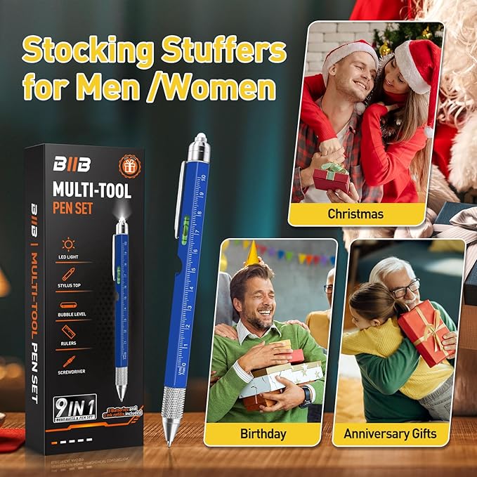 BIIB Stocking Stuffers for Men Teens Him 9 in 1 Multitool Pen, White Elephant Gifts for Adults, Mens Christmas Gifts for Him Dad Husband Grandpa, Dad Gifts for Men Who Have Everything