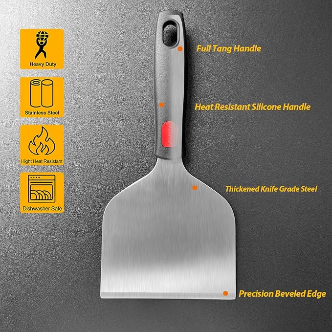 Vovoly Wide Griddle Scraper, 4.3?쐘4.3'' Smashed Burger Scraper Grill Scraper Spatula Burger Turner - Full Tang Silicon Handle Professional Grade Grill Accessories, Knife Grade Stainless Steel