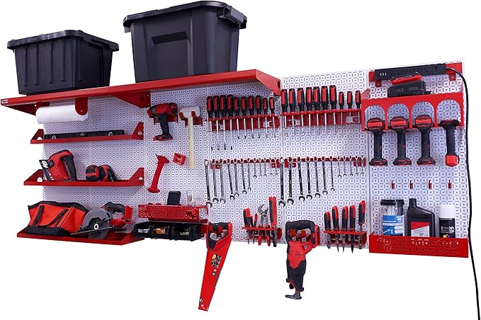 OmniWall Weekend Warrior Ultimate Tool Kit-96" x 32" Metal Pegboard Wall Storage System White/Red