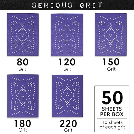 Serious Grit - 3" x 4" Assorted Grit (80-220) Sanding Sheets - Advanced Ceramic Grain - Universal Multi-Hole Design Fits Surfprep, Uneeda, Mirka, 3M - Heavy-Duty Hook & Loop Film-Backed - 50 Pack