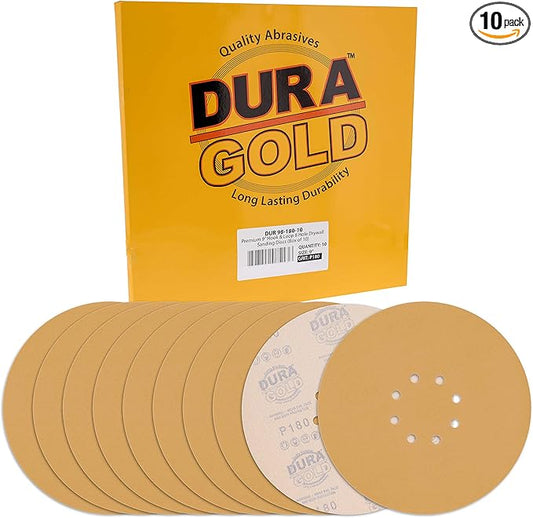 Dura-Gold Premium 9" Drywall Sanding Discs - 180 Grit (Box of 10) - 8 Hole Pattern Sandpaper Discs with Hook & Loop Backing, Fast Cutting Aluminum Oxide Abrasive - For Drywall Power Sander, Sand Wood