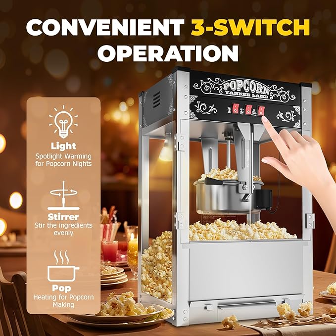20 Oz Commercial Popcorn Machine, 1440 W, Movie Theater Popcorn Machine, Black Tabletop Pop corn Machine with 3-Switch Control & Steel Frame Tempered Glass Doors