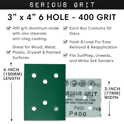 Serious Grit - 3" x 4" 6-Hole 400 Grit Sanding Sheets - Fits Surfprep, Uneeda Ekasand, Mirka DEOS 343 - Heavy-Duty Hook & Loop Film Abrasive Pads - Sandpaper for 3x4 Sheet Sanders - 50 Pack Box