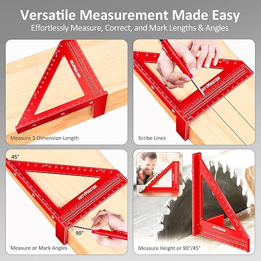 8 inch 3D Multi-Angle Measuring Square Ruler, WT103B High Precision Hole Scribing Woodworking Tools, 0-90째 Aluminum Alloy Carpenter Square Wood Working Tools, Carpenter Pencils 6 Refills.