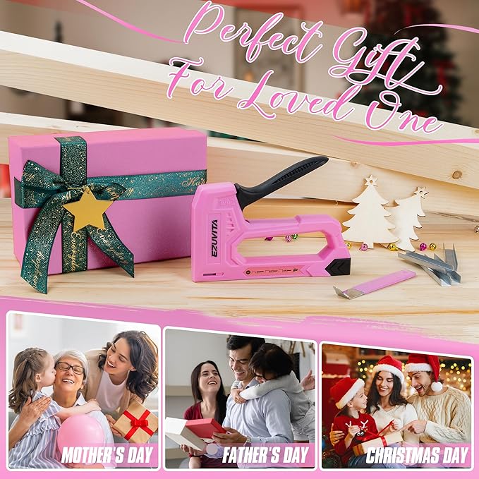 EZUVITA Light Duty Staple Gun for Wood, Pink Upholstery Staple Gun Kit with 2000pcs JT21 Staples 1/4, 5/16, 3/8 inch and Staple Remover, Stapler Gun for Crafts, DIY, Classroom, Decoration