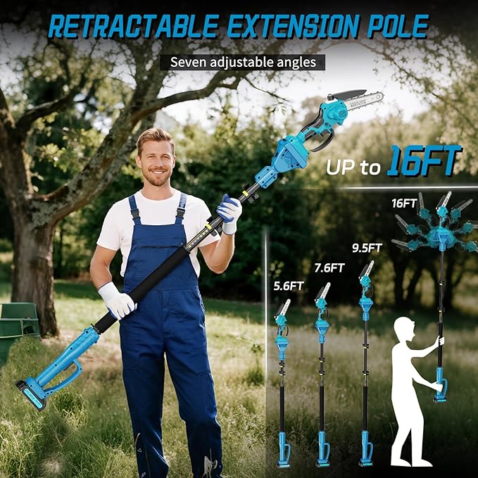 2-in-1Pole Saw竊? Inch Mini Chainsaw Cordless,with Extension Pole,Adjustable 180째 Cutting Angle with 2 Battery, Auto-oil,Pole Saws for Tree Trimming,Ideal Gifts for Men Dad