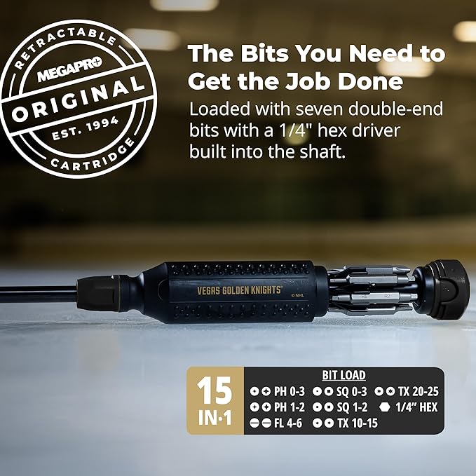 MEGAPRO짰 NHL짰 Team Edition Multi-bit Screwdriver | Officially Licensed NHL짰 Gear | Durable, Ergonomic, Pro-Grade Screwdriver (Vegas Golden Knights짰)
