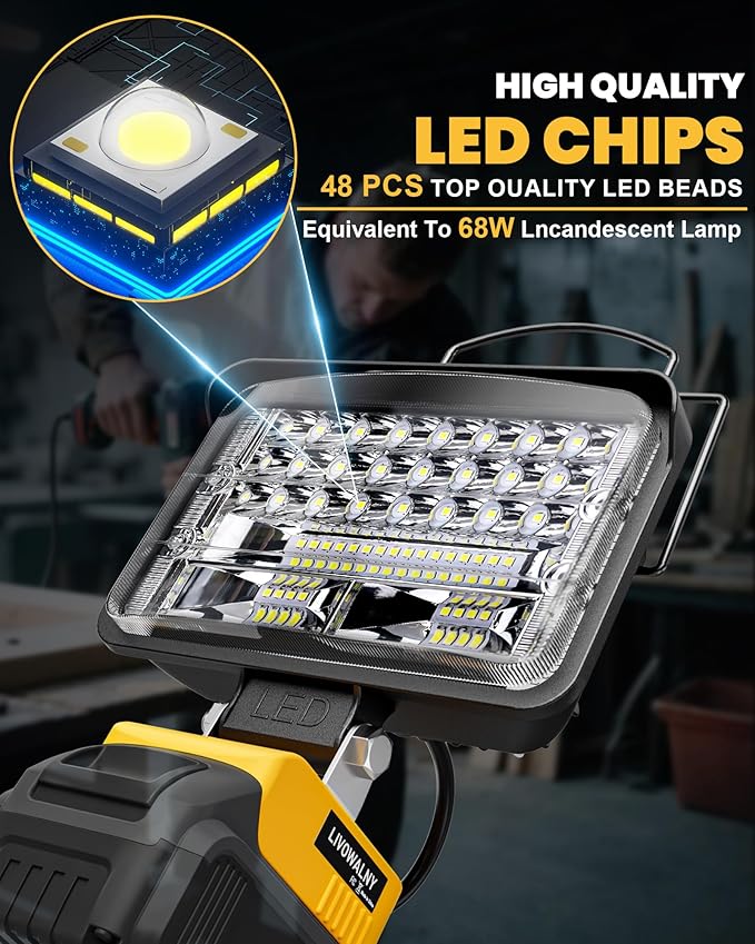 LIVOWALNY Cordless LED Work Light Compatible with Dewalt, 78W 7800LM 5" 20V Battery Flashlights with USB & Type-C & Low Voltage Protection & 140째 Pivoting Head for Emergency, Outdoors & Job Site Light