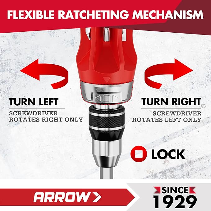 ARROW Ratcheting Screwdriver, 12-IN-1 Multi Bit Ratchet Screwdriver set, Premium S2 Steel Screw Drivers, Innovated Bits Quick-Load Mechanism, with Phillips, Slotted, Torx, Square Bits Stored in Handle