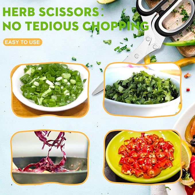 Fun Unique Kitchen Gadgets: Herb Scissors Set - Updated 2025 Cool Kitchen Tools for Cutting Fresh Garden Herbs - Sharp 5-Blade Shears with Cover, Anti-Rust Stainless Steel, Dishwasher Safe (Black)