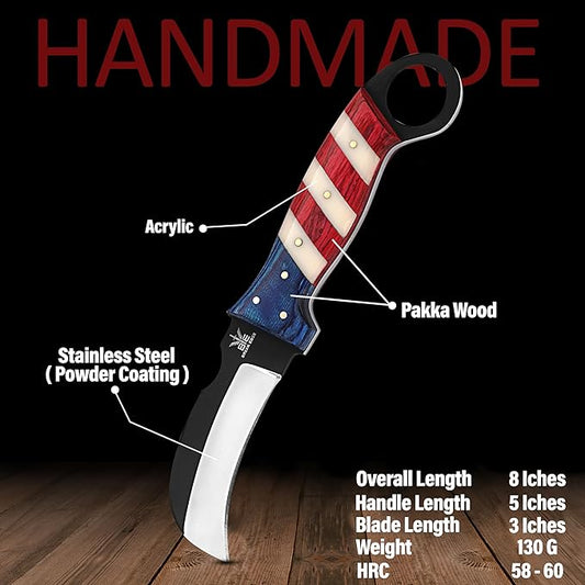 Handmade Steel Lineman’s Hawkbill knife with Leather sheath, Heavy Duty Utility Knife blade Electrician Wire Skinning knife for professional. (Red,White&Blue)