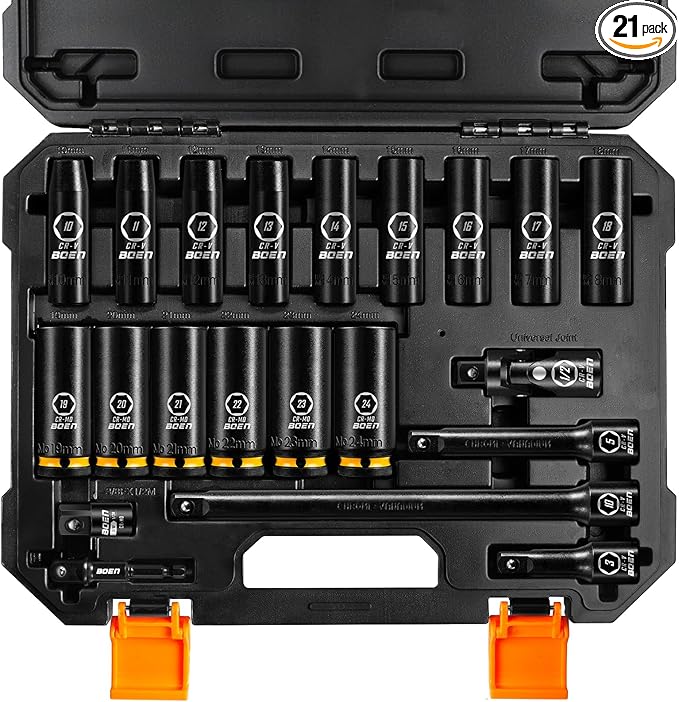 BOEN Pro 1/2" Drive Metric Deep Impact Socket Set, 21-Piece CR-MO &CR-V Steel, Upgraded Torque & Durability, 10mm-24mm, Includes Extension Bars, Universal Joint, Adapter ??Meets ANSI