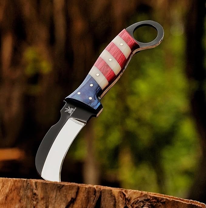 Handmade Steel Lineman’s Hawkbill knife with Leather sheath, Heavy Duty Utility Knife blade Electrician Wire Skinning knife for professional. (Red,White&Blue)