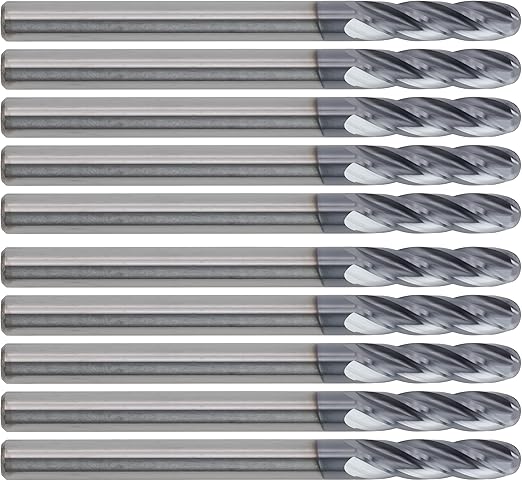 CME 10 pcs Micrograin Carbide End Mills, Ball Nose, TiAlN Coated, 1/8" Mill Diameter, 1/2" Length of Cut, 1 1/2" Overall Length, 4 Flute, Center Cutting