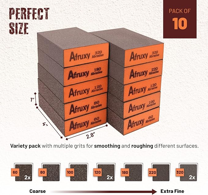 10-Pack Sanding Sponges with Gloves ??Super High-Density Reusable Sanding Blocks for Wood, Drywall, Metal & Furniture ??Non-Clogging, Wet/Dry ??Coarse to Superfine Grits (60/80/100/120/180/220/320)