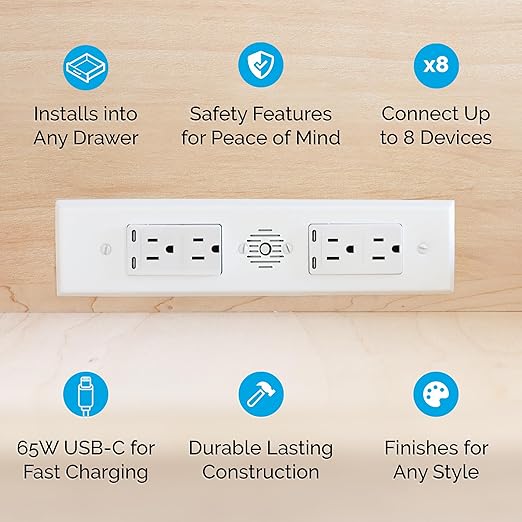 Docking Drawer Blade Duo in-Drawer Outlet, Integrated Safety Shutoff, (4) 65W USB-C & (4) 15 amp AC, Stainless Steel