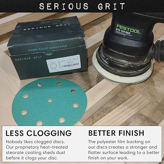 Serious Grit - 5-Inch 9-Hole 120 Grit Sanding Discs - Heavy-Duty Hook & Loop Film Discs - Sandpaper for Random Orbital Sanders - 50 Pack Box