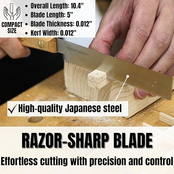 KAKURI Mini Flush Cut Saw 5" - Japanese Pull Saw with Flexible Blade for Woodworking, Trimming Dowels, Pegs & Wedges - Made in Japan