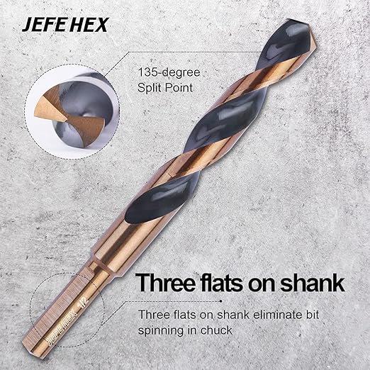 JEFE HEX 12 Pcs 5/16 Inch (Pack of 2, 6 Pack, Total 12) High Speed Steel with 3-Flat Shanks, Black & Gold Finished, Jobber Length Twist Drill Bit, 135 Degree Split Point